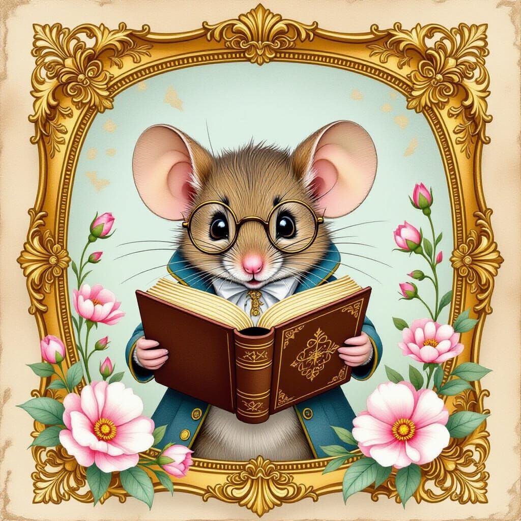Scholarly Mouse Reading Book, Botanical Illustration Style