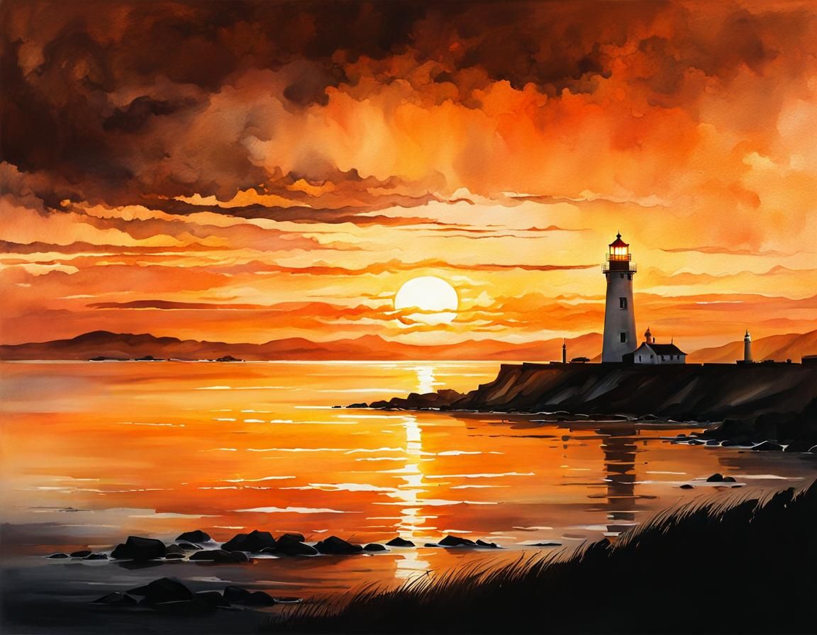 Orange Watercolor Sunset Over Bay with Lighthouse
