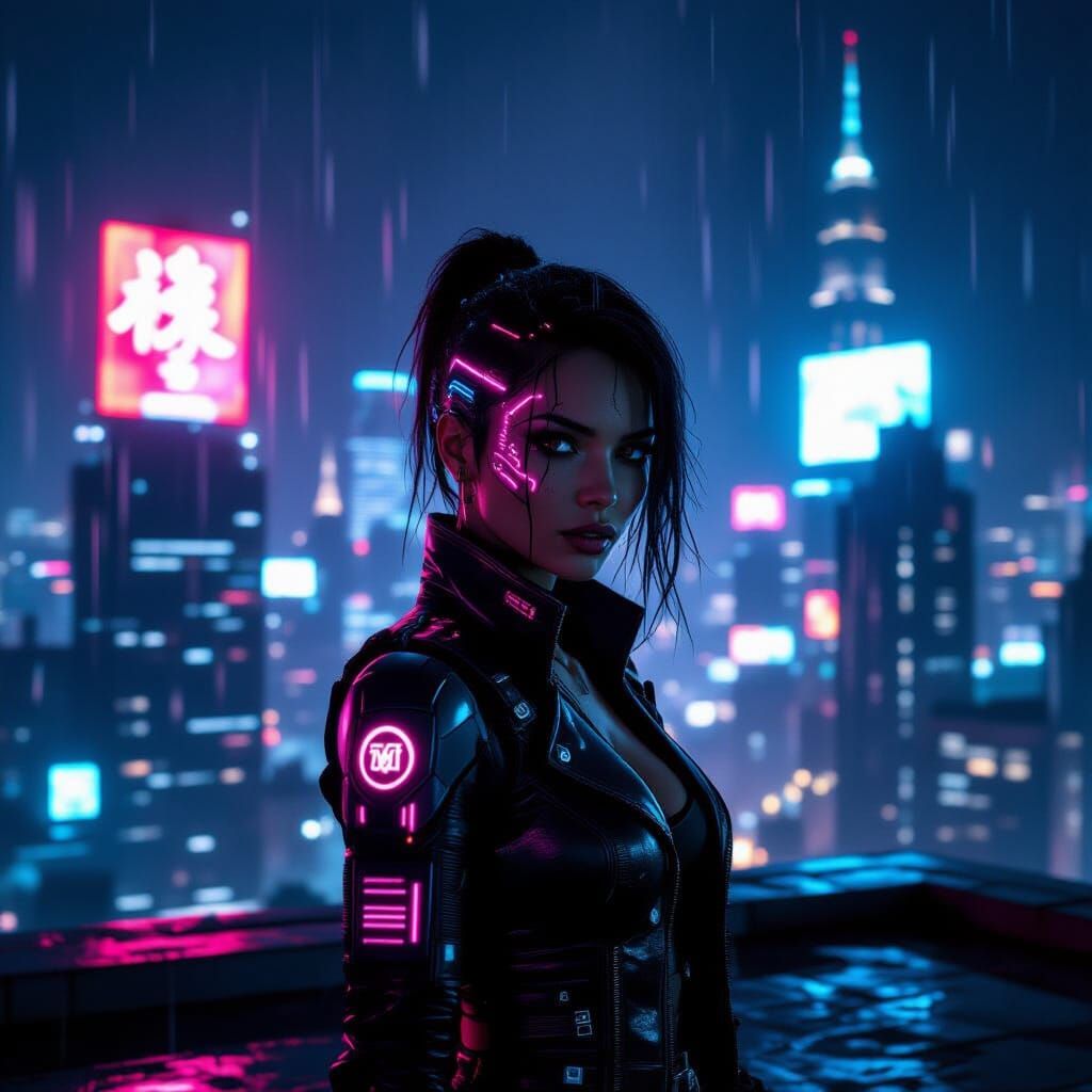 Cyberpunk Woman in Neon Cityscape