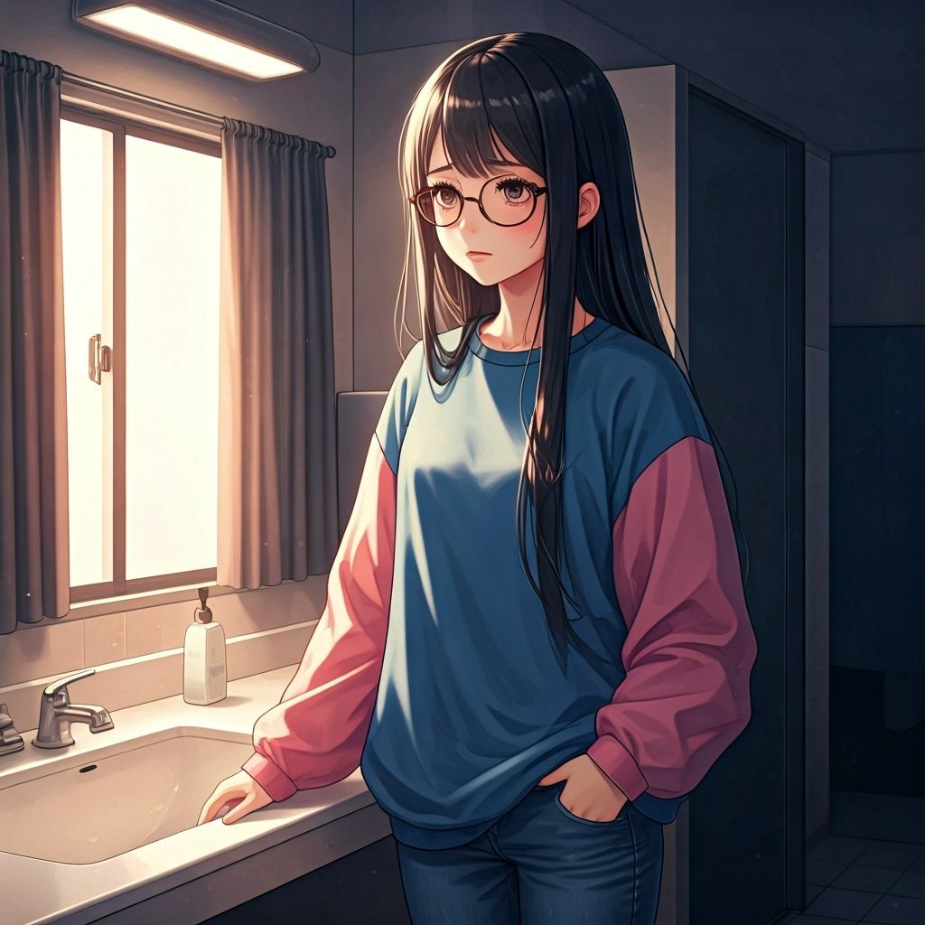 Anime Girl in Washroom Mirror, Manga Style