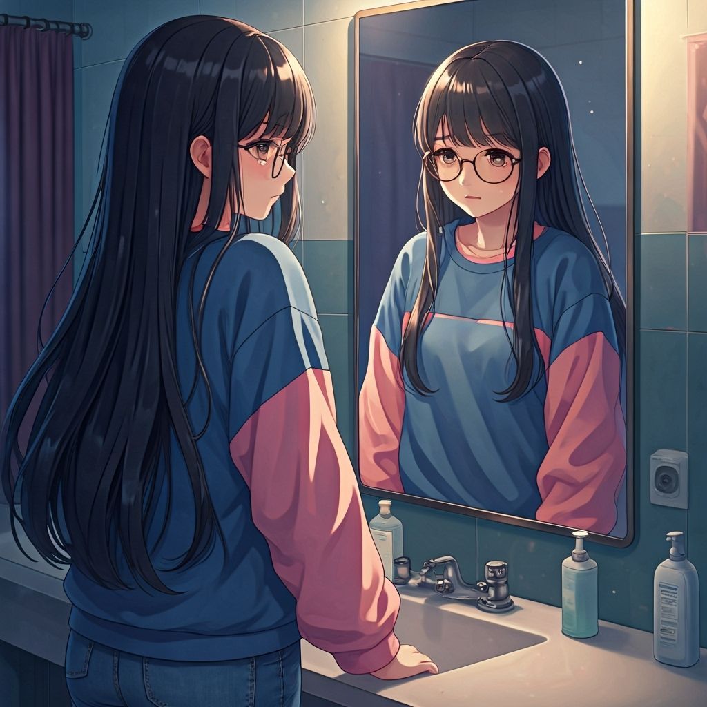Anime Girl Reflecting in School Washroom Mirror