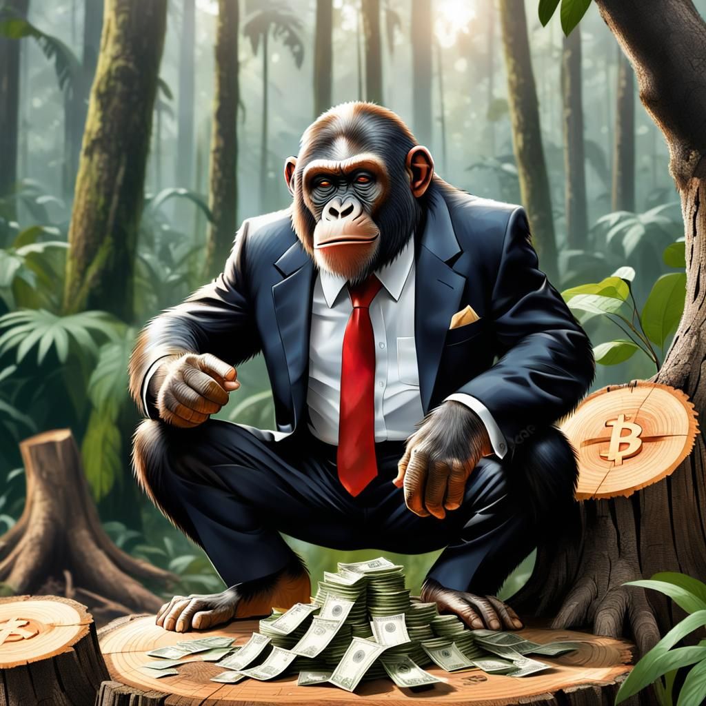 obsessed ape counting his money in the jungle on a tree stum...