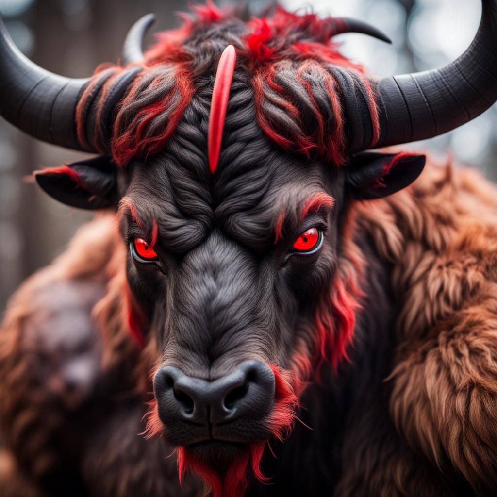 Minotaur with brown fur, black horns and bright red eyes