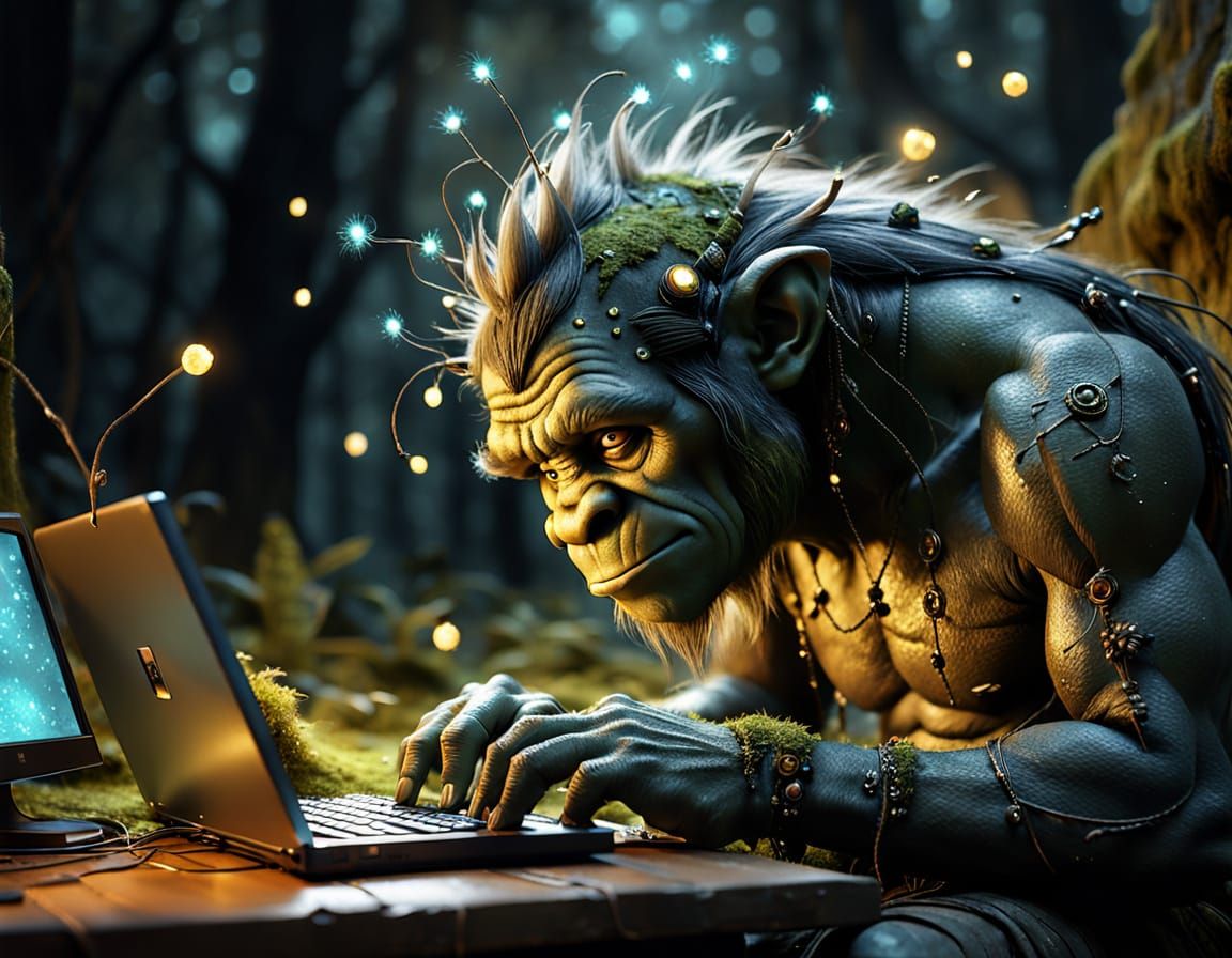 Grotesque Troll at Computer in Fantasy Noir Style
