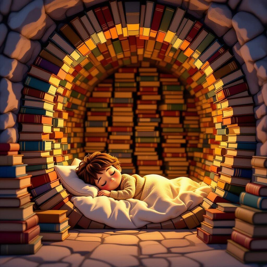 Adorable 3D Toon Child Sleeps in Cozy Book Cavern