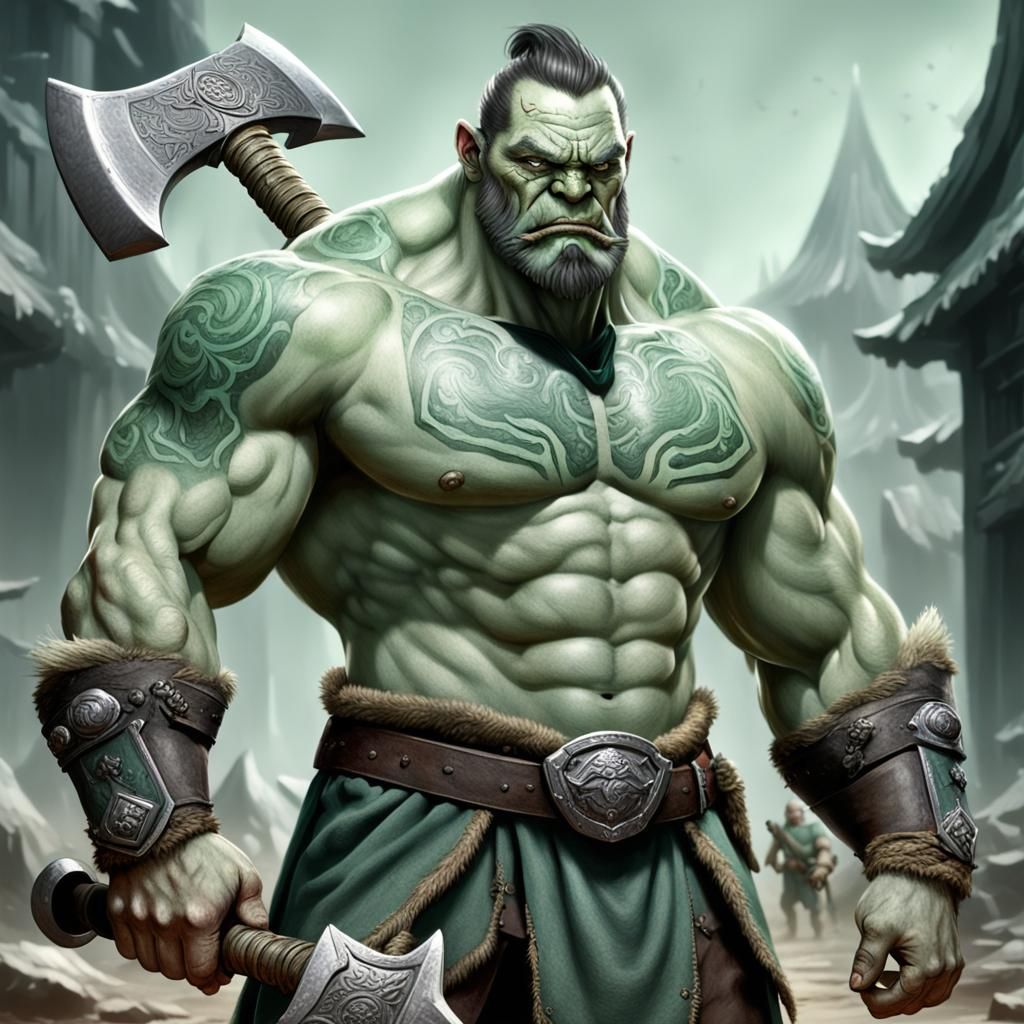 Muscular Green-Skinned Half-Orc Warrior with Axe