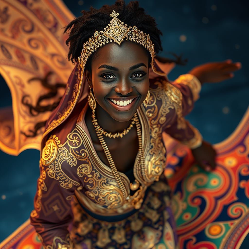 Futuristic Arabian Woman on Magic Carpet, Photorealistic