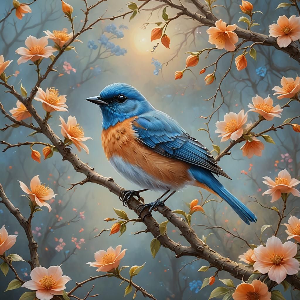 Blue Bird with Orange Flowers in Ethereal Oil Painting