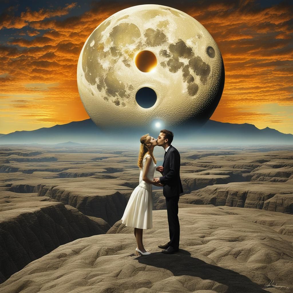 Surreal Kiss Between Sun and Moon