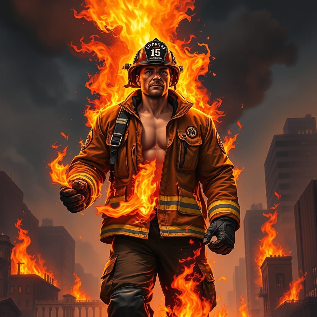 Heroic Firefighter in Burning Cityscape