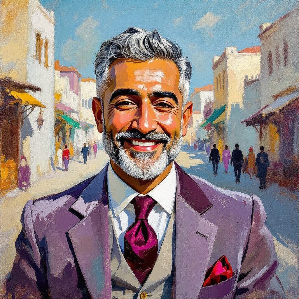 Smiling Man in Velvet Suit: Neo-Impressionist Painting