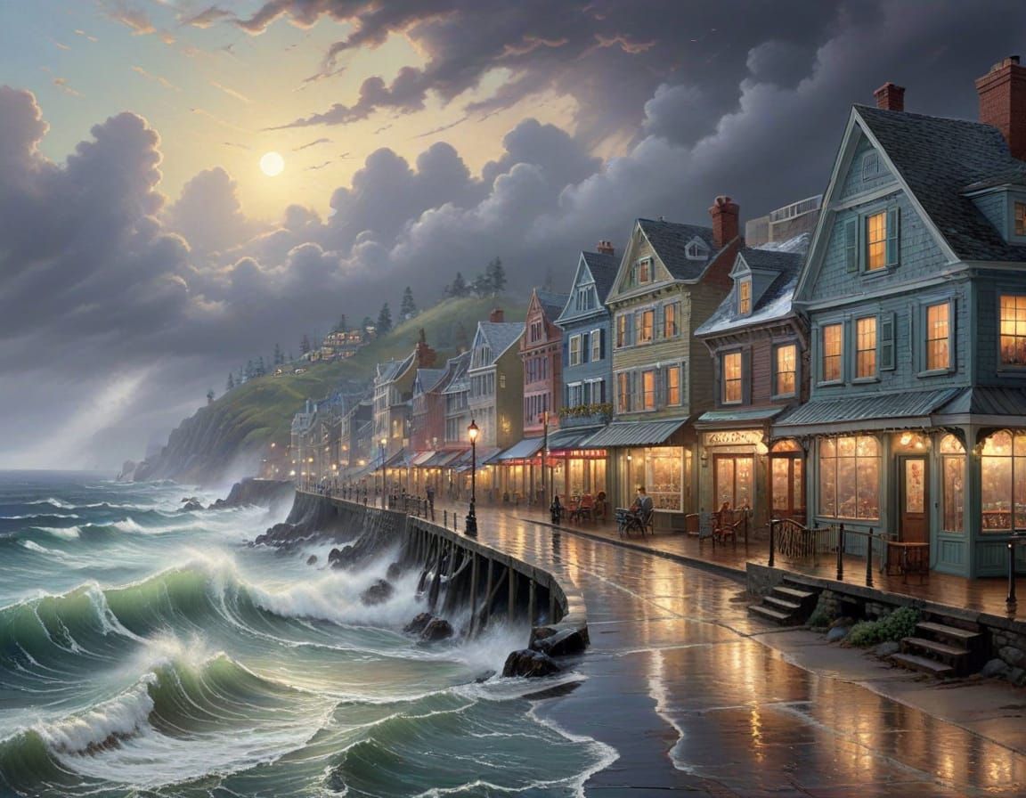 Windswept Winter Seaside Town Under Gray Skies