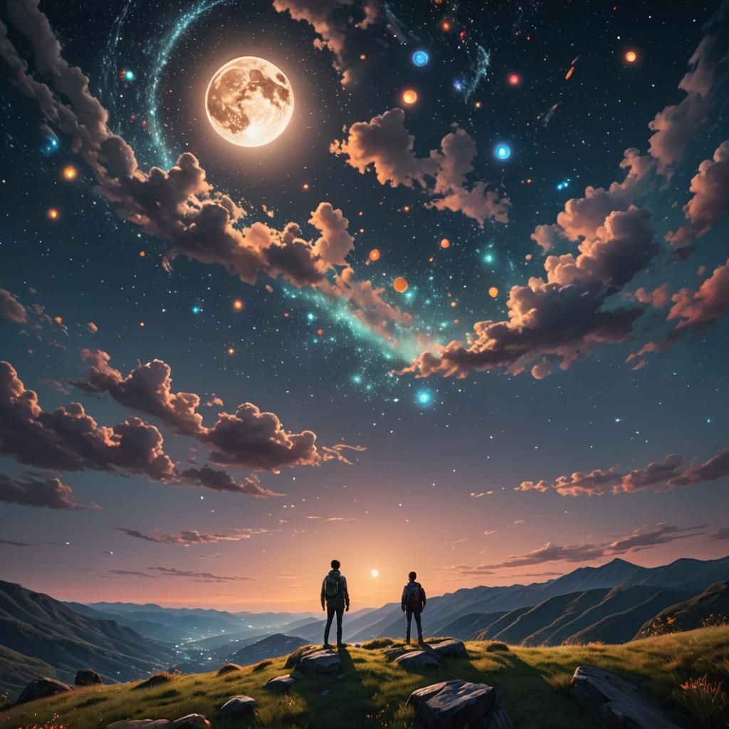 Glowing Orbs Above Grassy Cliff at Night