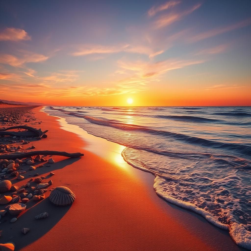 Golden Sunset Beach Landscape, Matte Painting Style