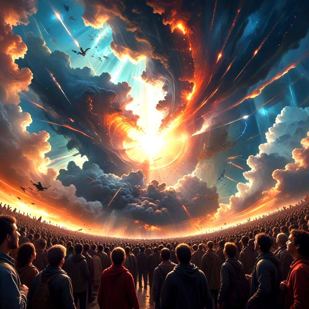 Magical Sky Over Crowd With Red-Eyed Figure