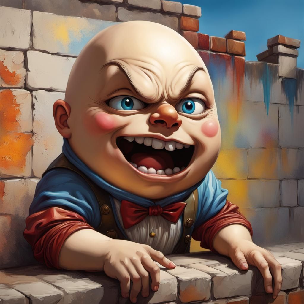 Hyperrealistic Humpty Dumpty on a Wall