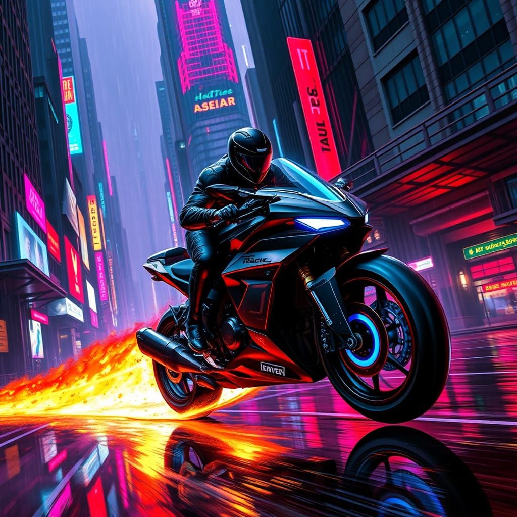 Cyberpunk Rider Races Through Neon Cityscape