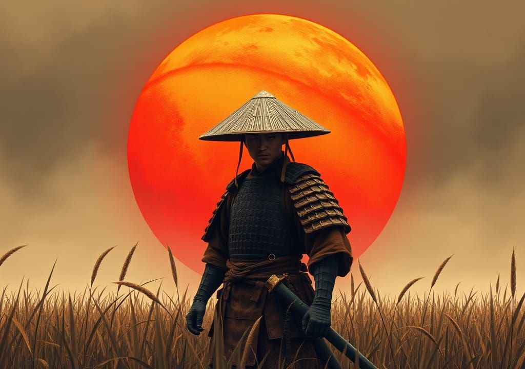 Samurai in Field with Crimson Sun, Japanese Art Style