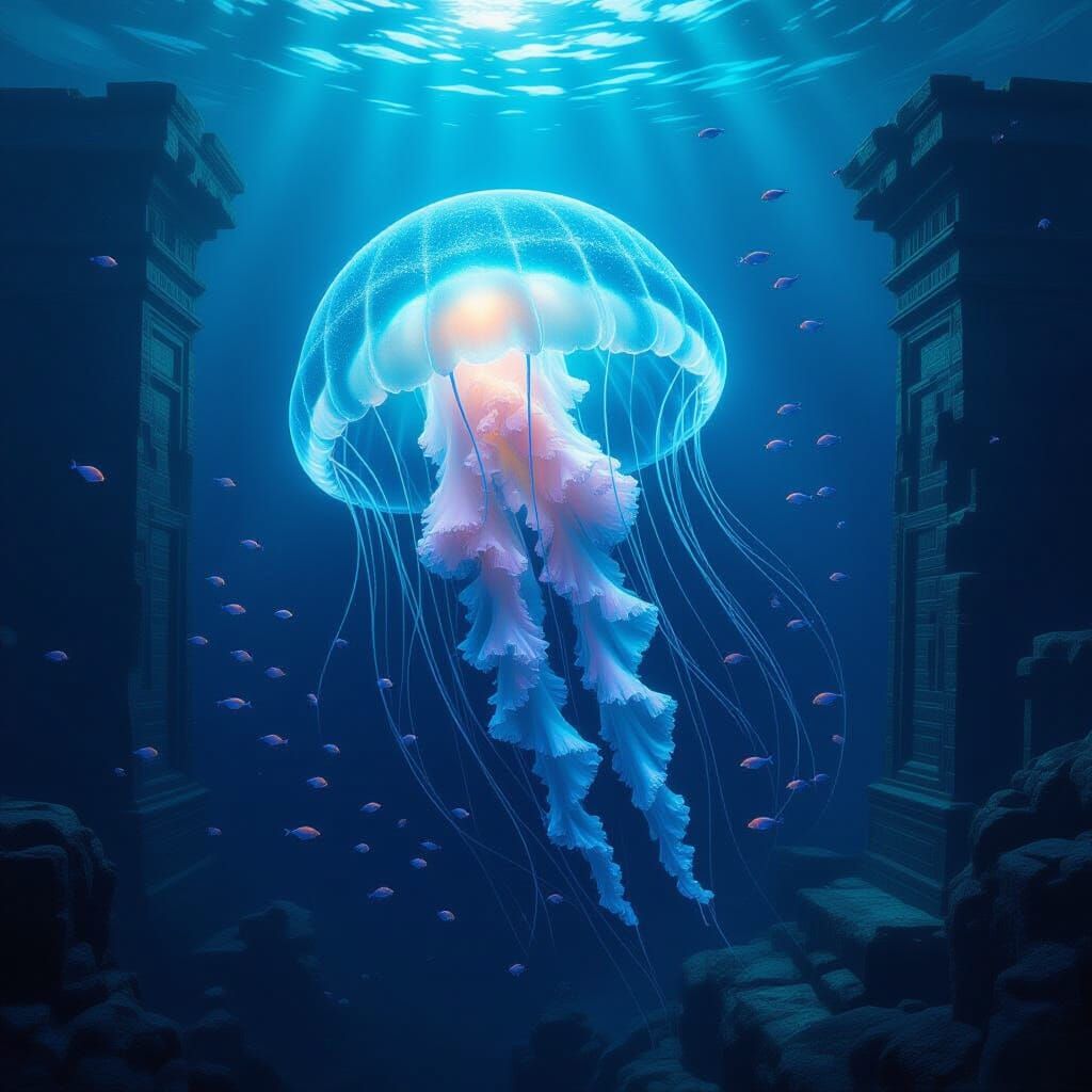 Bioluminescent Jellyfish in Deep Ocean Ruins