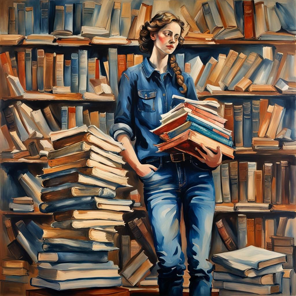 Modern Librarian with Books in Ink Wash Style