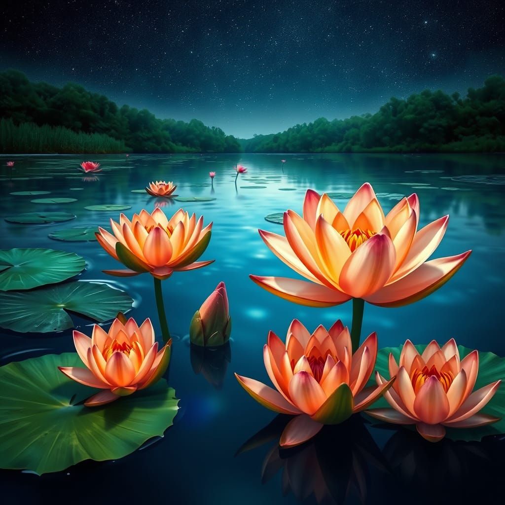 Neon Water Lilies Under Starry Night Sky