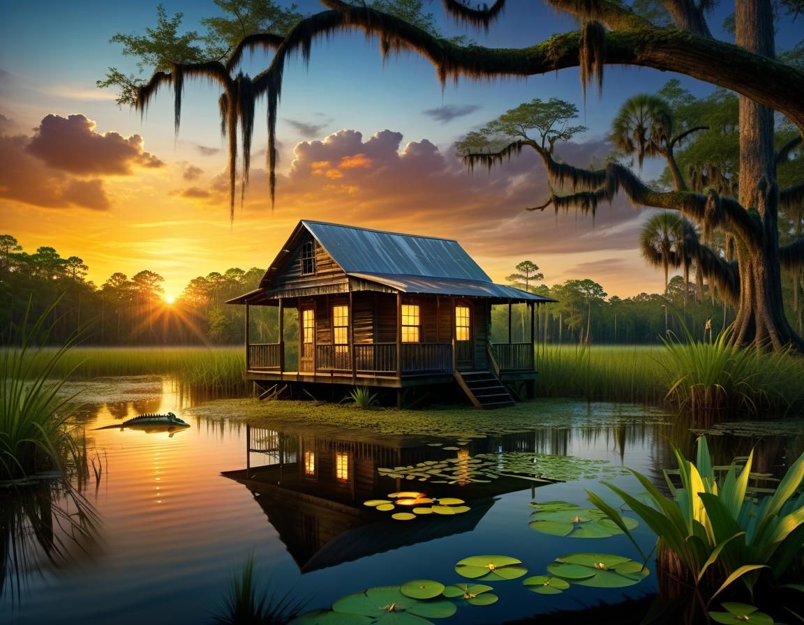 Louisiana Swamp Cabin at Sunset in 8K
