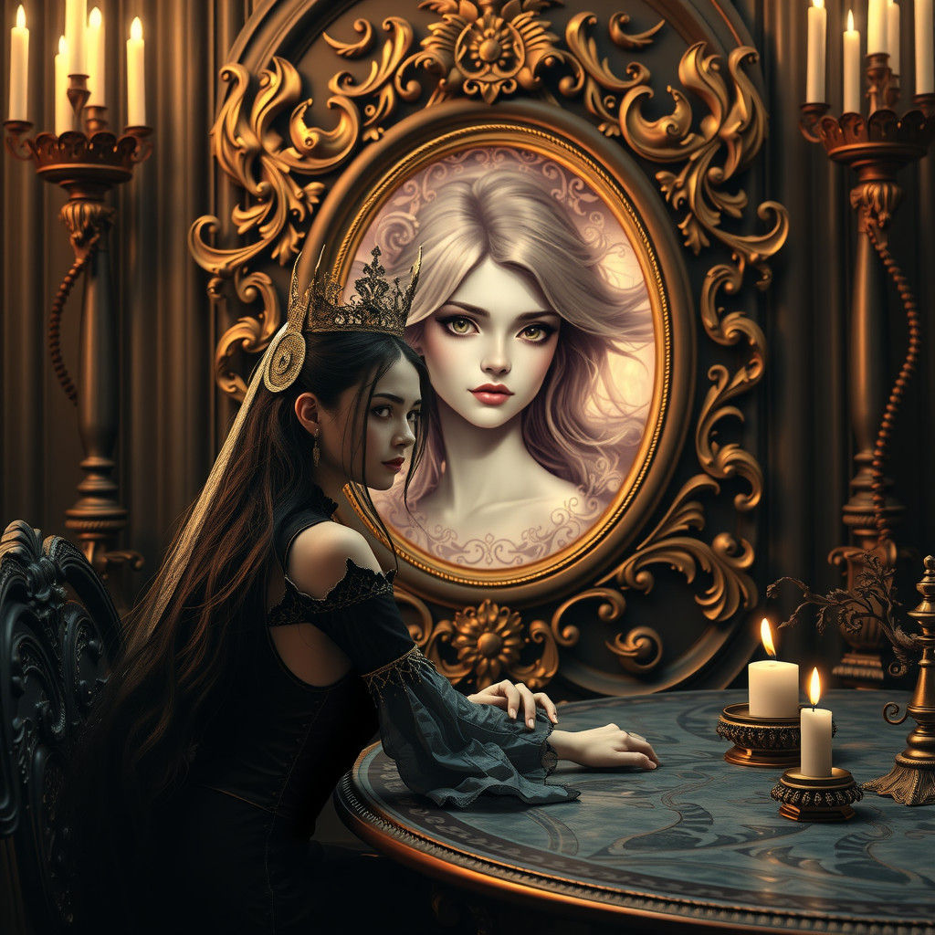 Heaven and Hell Princesses Reflected in Baroque Mirror