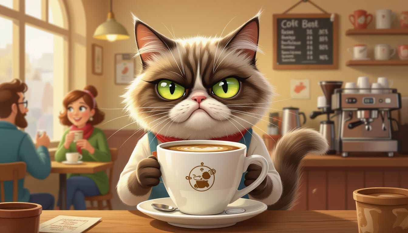 Grumpy Cat Barista Serving Overflowing Coffee in Storybook S...