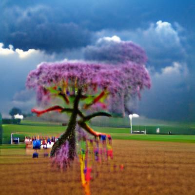 Lone Tree Braving Thunderstorm in Floral Field