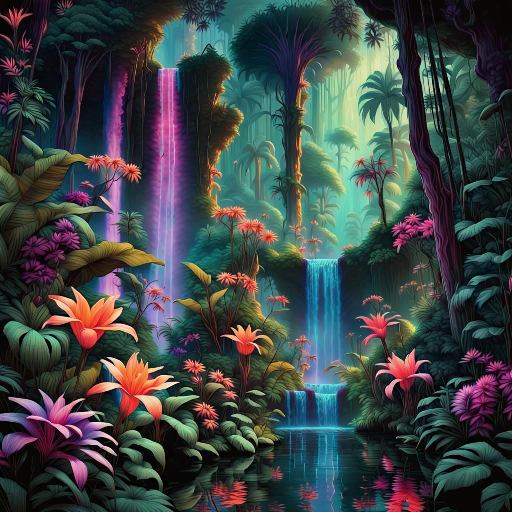A vaporwave breathtaking secret jungle flower garden with cascading waterfalls, teeming with exotic wildlife.