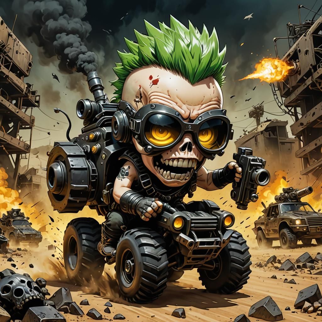 Radioactive Punk Races Skull Tank in Wasteland