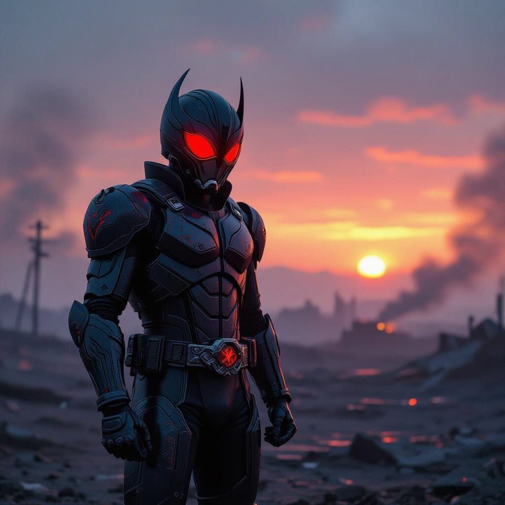 Hyperrealistic Kamen Rider on Post-Apocalyptic Battlefield