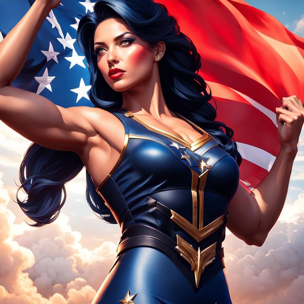 American Muscle Woman with Flag, Fantasy Art