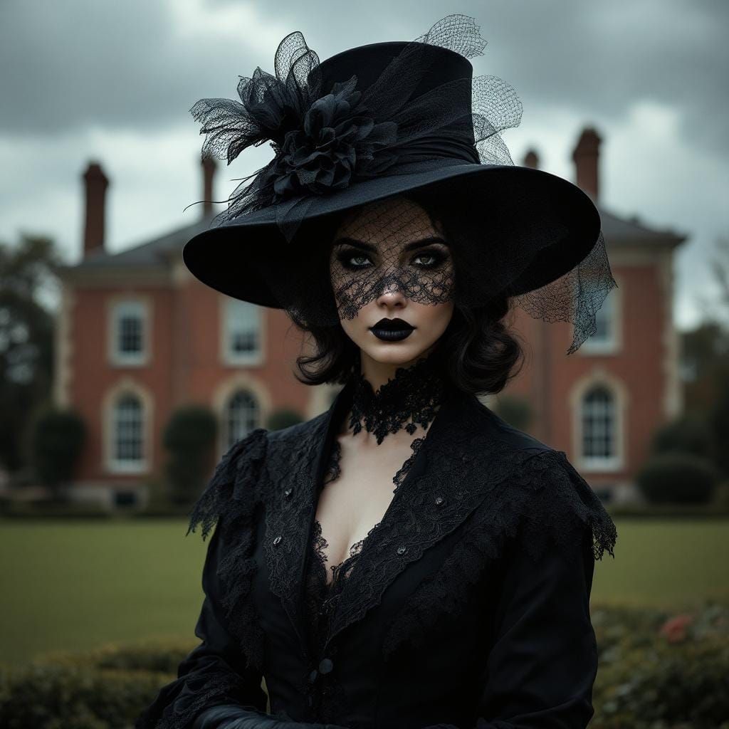 Victorian Woman in Mourning Dress Before Manor