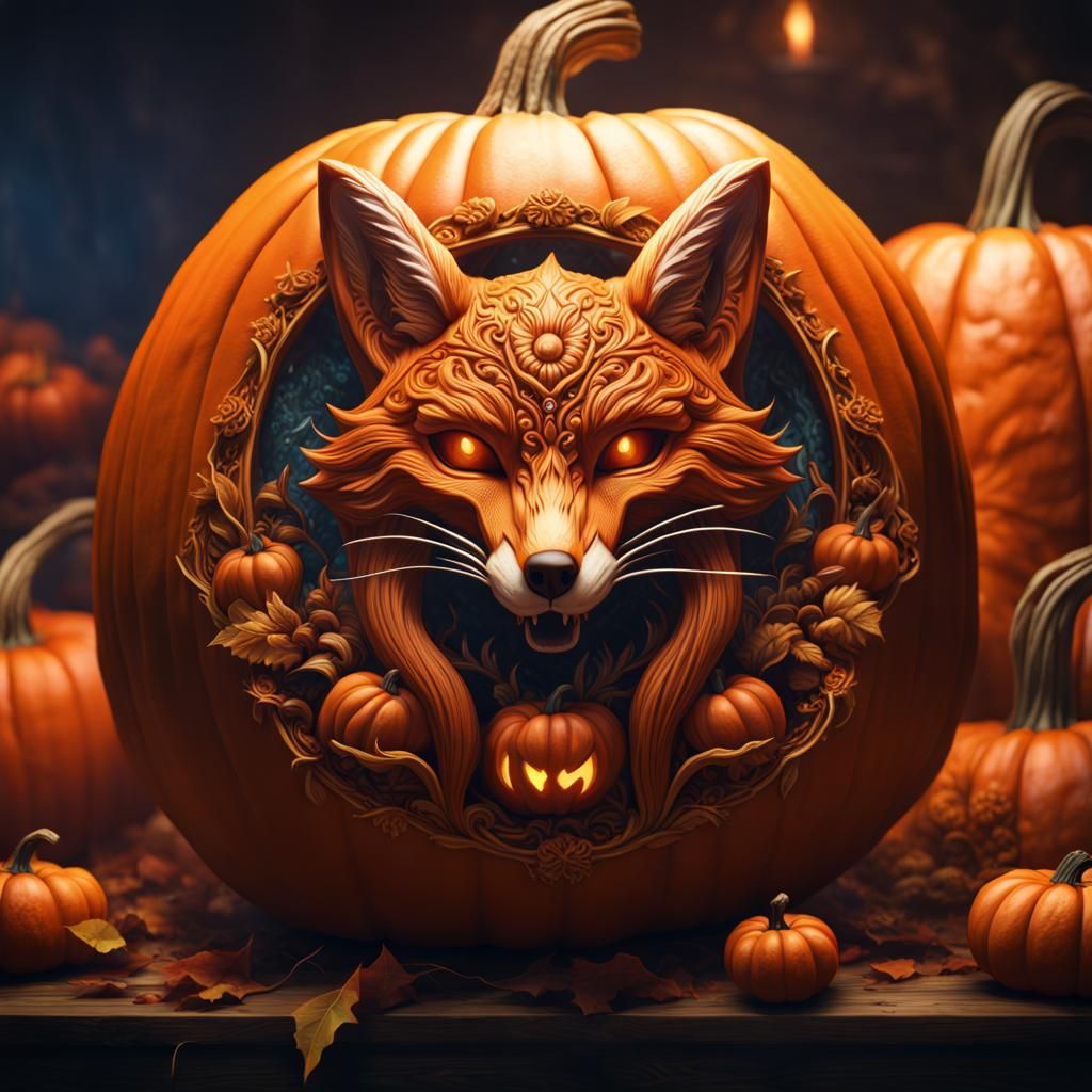 Fantastical Fox Pumpkin Carving in Detailed Matte Style