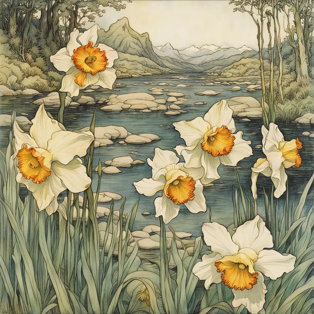 Narcissus Flower in Anime Style of Arthur Rackham