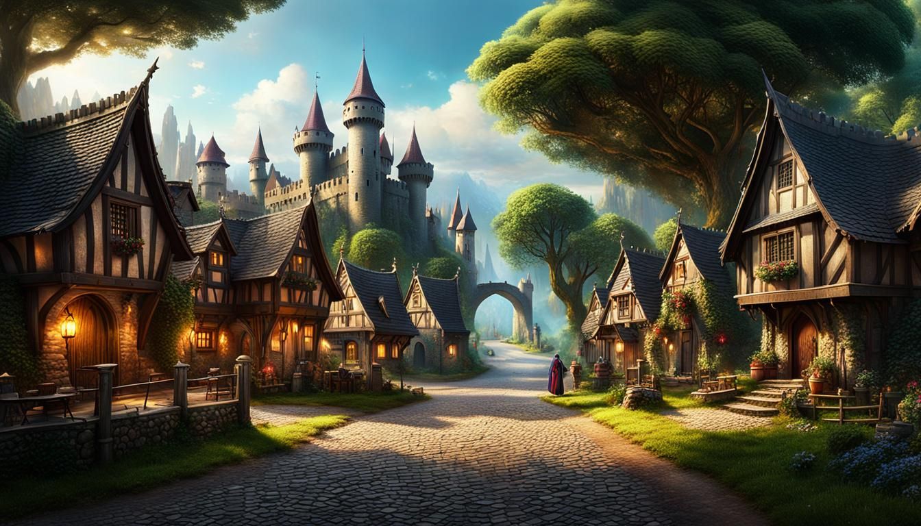 Epic Fantasy Village Road with Knights and Castle