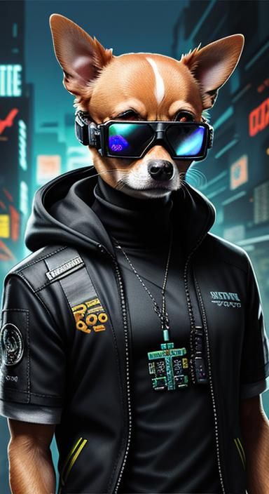 Cyberpunk Chihuahua with Organic Motherboard Goggles