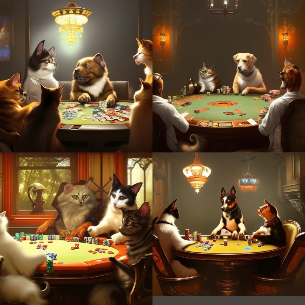 Dogs and Cats Playing Poker, Artstation Concept