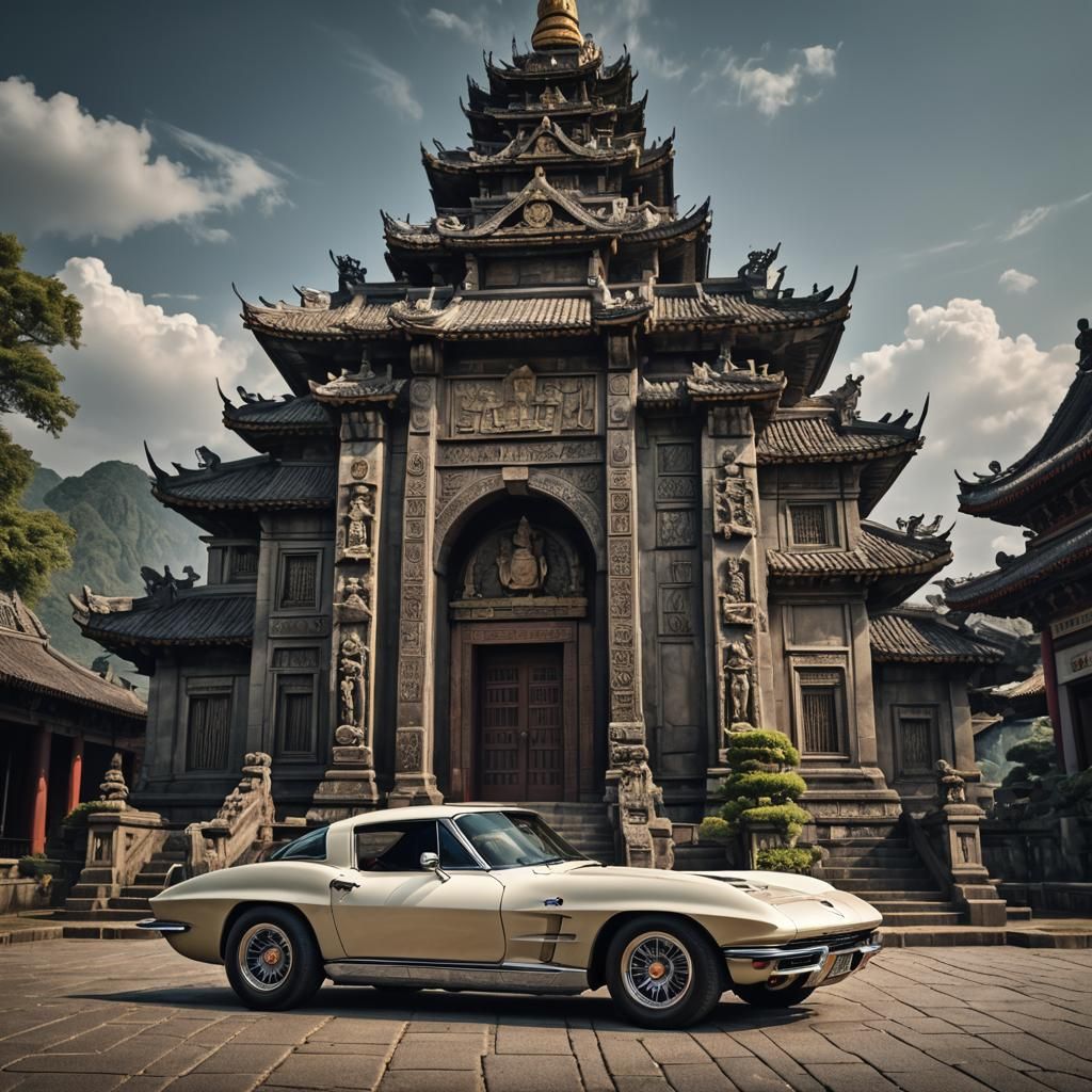 Corvette C2 Parked Before Ancient Temple