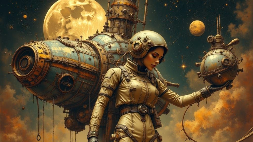Steampunk Astronaut Salvages Spaceship Amidst Starfield