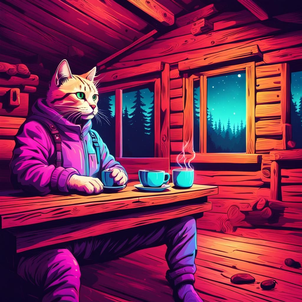 Synthwave Cat Sipping Coffee in Cabin