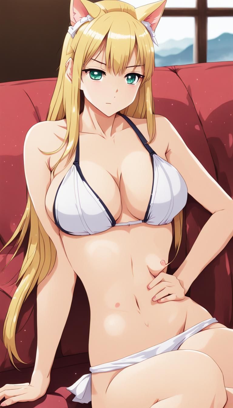 Anime Blonde Catgirl on Couch in Manga Style