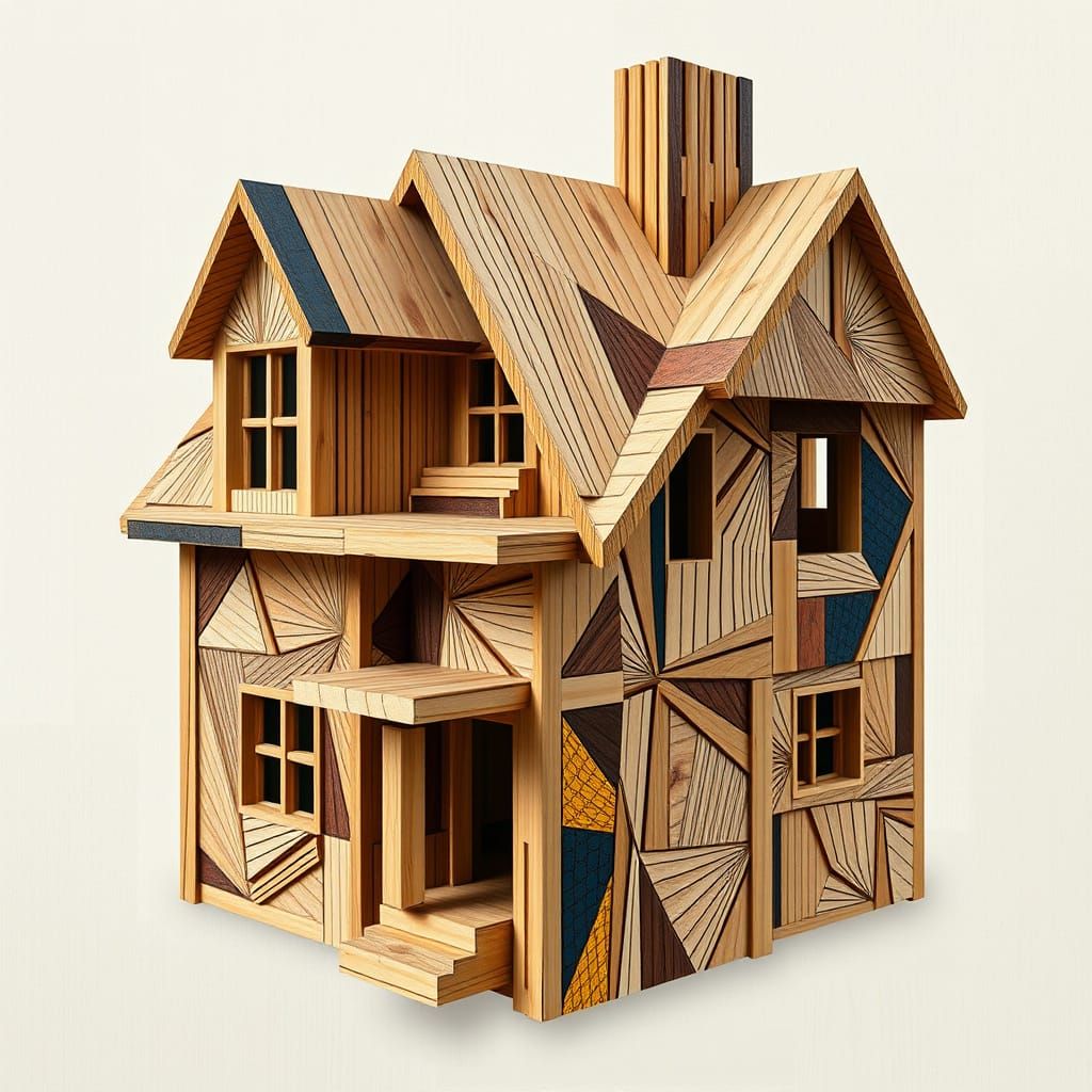 Cubist Matchstick House in Vibrant Abstract Style