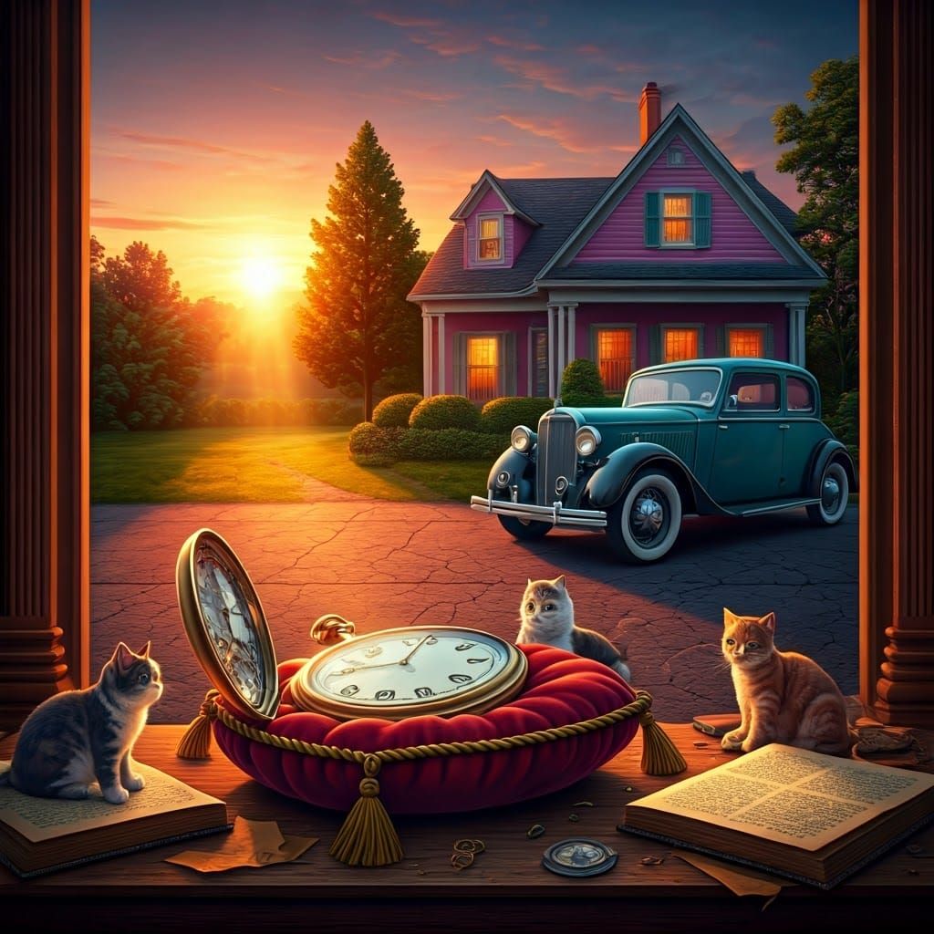 Cats, Cars, and Sunset: A Whimsical Scene