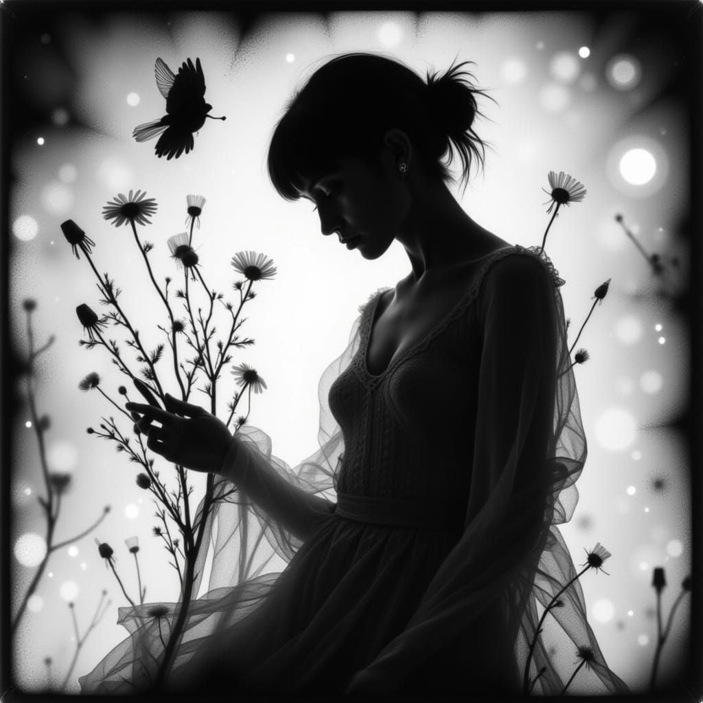 Eerie Woman's Silhouette in Black and White Photogram