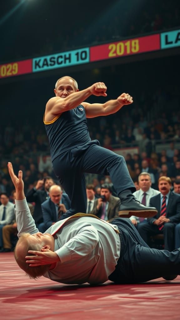 Dramatic Judo Throw in Wrestling Ring, Cinematic Aesthetic