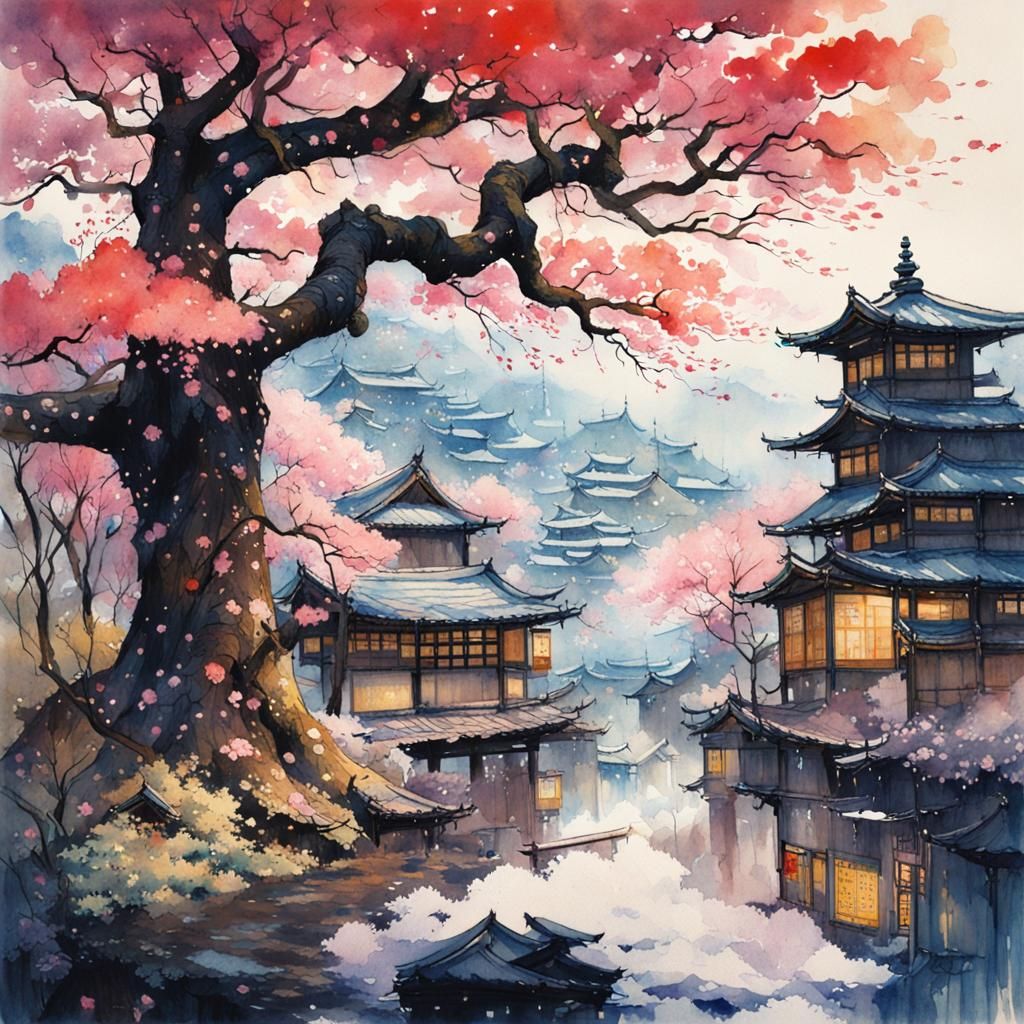 Sakura Samurai Fantasy Watercolour Painting