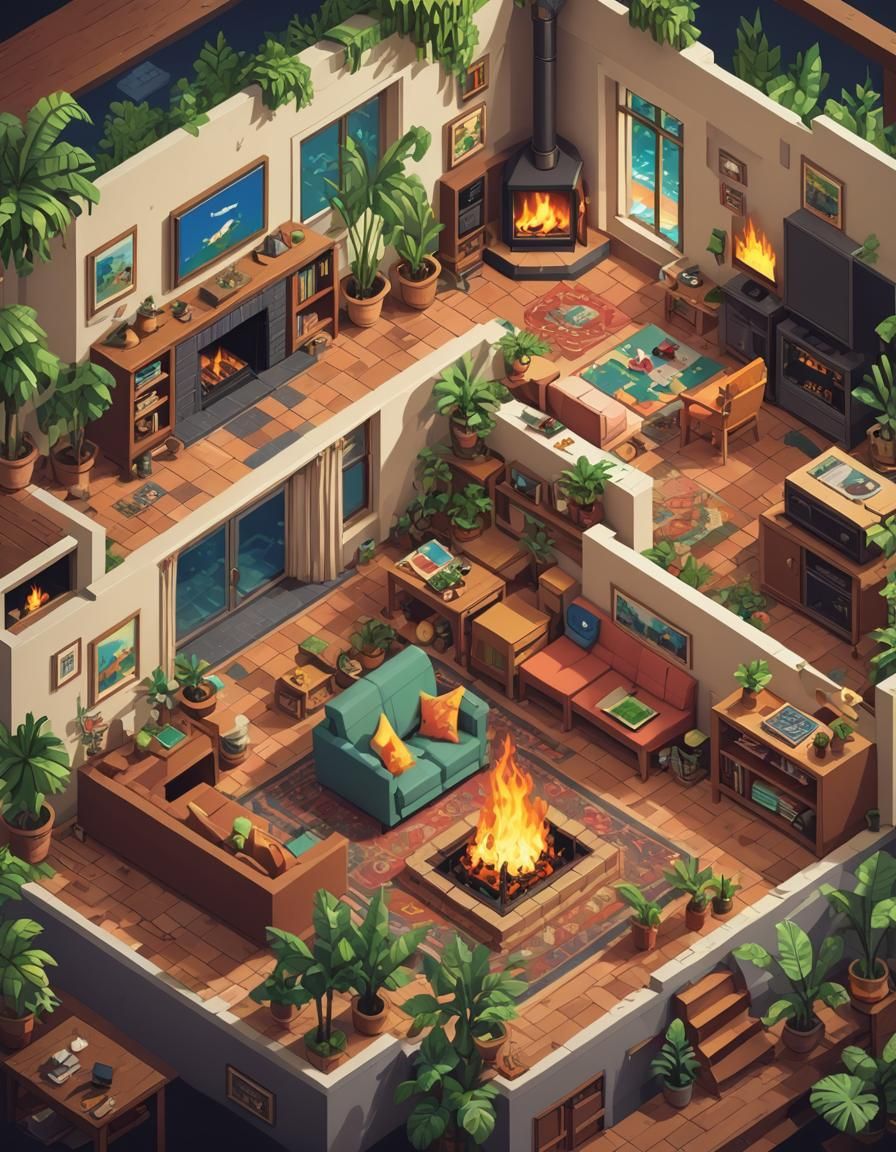 Cozy Tropical Living Room in Pixel Art