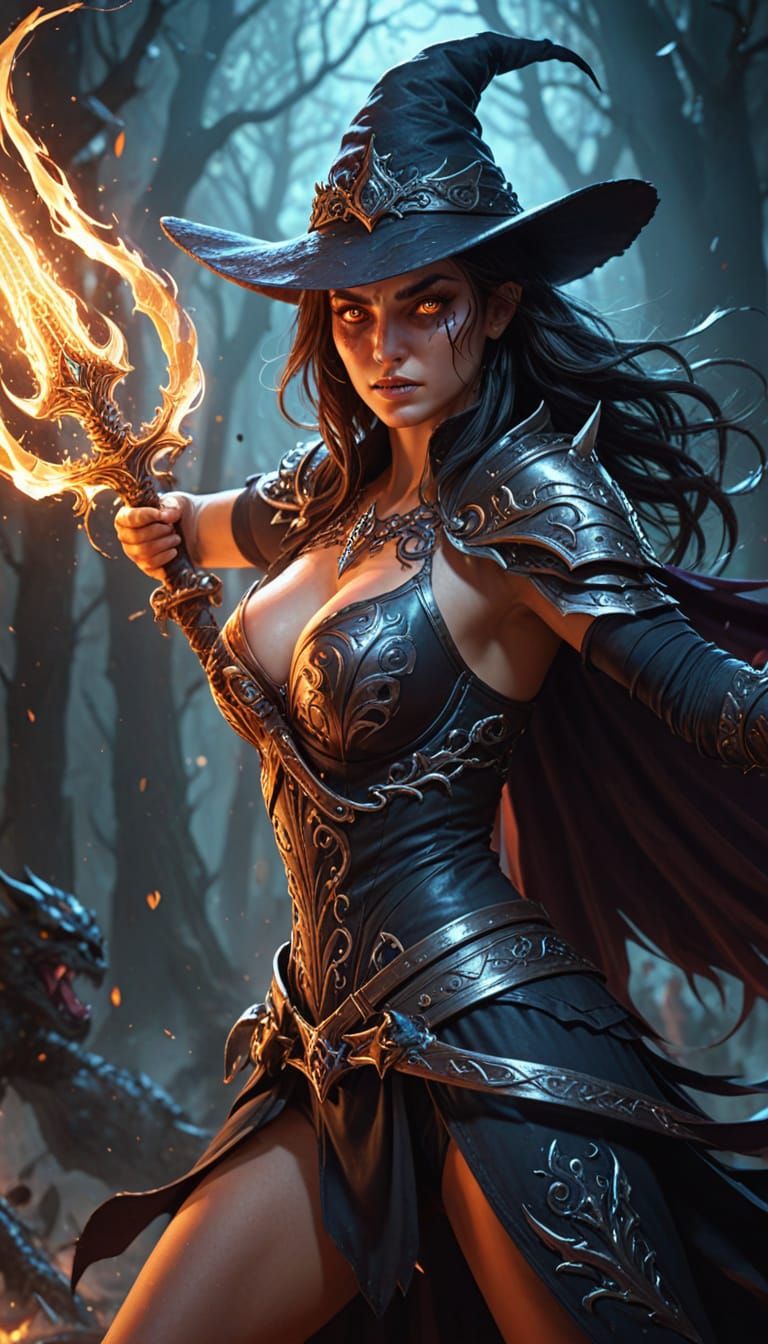 Epic Fantasy Witch Warrior Engages Demon in Magical Battle
